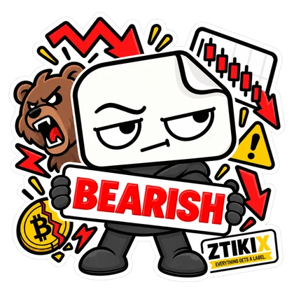 ZTIKIX holds a red BEARISH sign beside a bear, a falling chart, a downward arrow and a Bitcoin symbol.