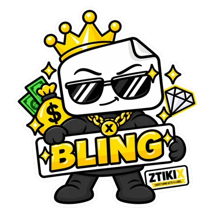 ZTIKIX wears sunglasses, a crown and a gold chain, holding BLING among banknotes, a money bag and a diamond.