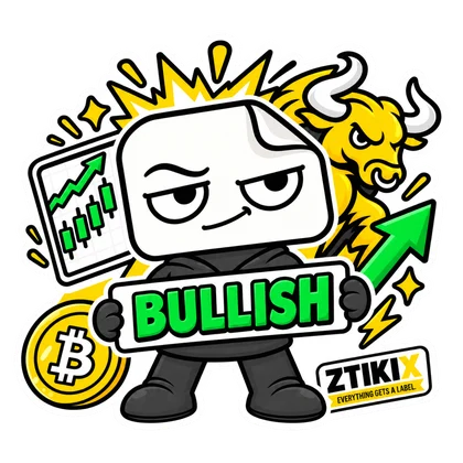 ZTIKIX holds a green BULLISH sign beside a bull, a rising chart, an upward arrow and a Bitcoin symbol.