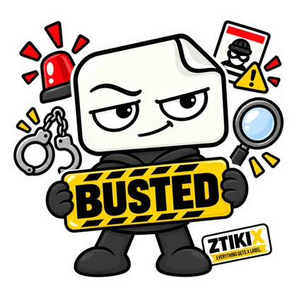 ZTIKIX holds a yellow-and-black BUSTED sign with handcuffs, a warning light and a magnifying glass.