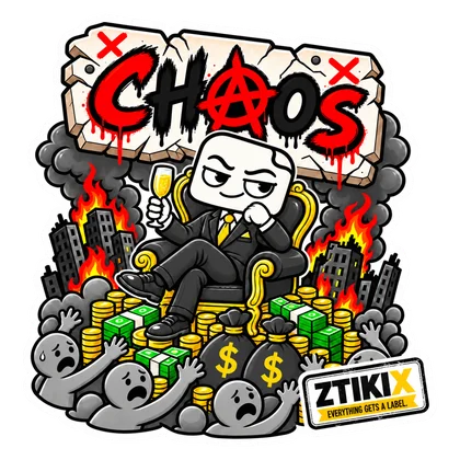 ZTIKIX sitzt entspannt über Münzen und Geldsäcken, während im Hintergrund Gebäude brennen und darüber ein CHAOS-Banner hängt.