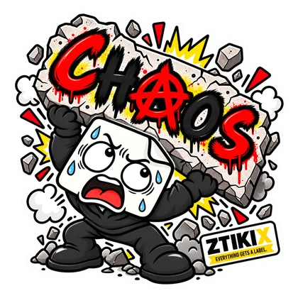 A distressed ZTIKIX crouches beneath a large CHAOS sign amid broken stones and smoke.