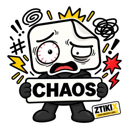 ZTIKIX hält CHAOS mit ungleichen Augen und überfordertem Gesicht, umgeben von Kritzeleien und scharfen Zeichen.