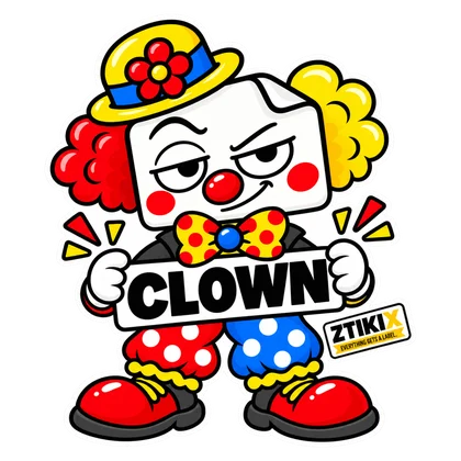 ZTIKIX trägt ein buntes Clownkostüm, rote Nase und kleinen Hut und hält CLOWN.