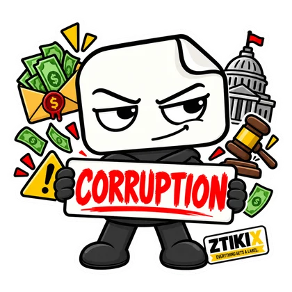 ZTIKIX holds a red CORRUPTION sign surrounded by banknotes, a money bag, a government building and a gavel.
