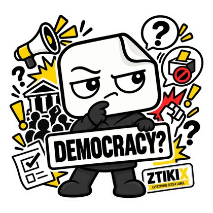 A thoughtful ZTIKIX holds DEMOCRACY? among a public building, a crowd, a megaphone and question marks.