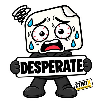 ZTIKIX hält DESPERATE mit weit geöffneten, angespannten Augen, Schweißtropfen und einer dunklen Kritzelei über dem Kopf.