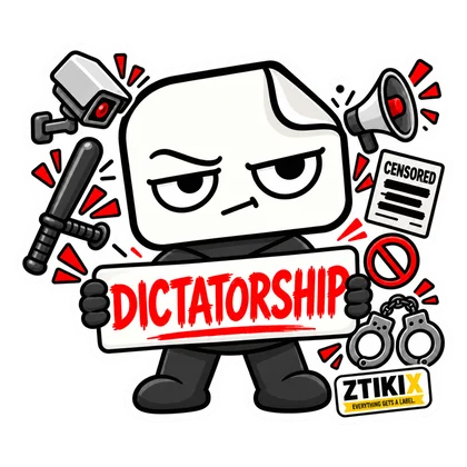 ZTIKIX hält DICTATORSHIP zwischen Handschellen, Schlagstock, Megafon und einem mit CENSORED markierten Dokument.
