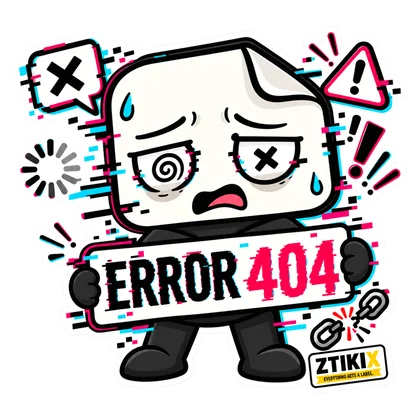 ZTIKIX erscheint digital gestört, mit einem durchgestrichenen Auge, und hält ERROR 404 zwischen Warnsymbolen.