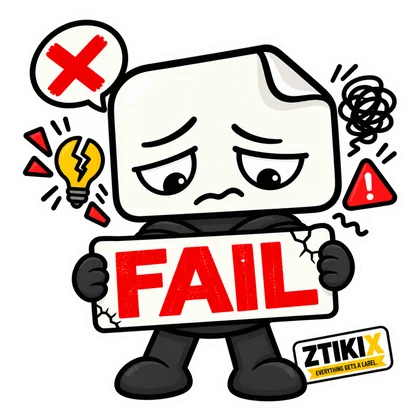 Ein niedergeschlagener ZTIKIX hält ein rotes FAIL-Schild mit Kreuz, kaputter Glühbirne und Warnsymbolen.