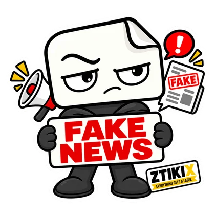 ZTIKIX hält FAKE NEWS neben einer kleinen Zeitung mit der Aufschrift FAKE und roten Warnzeichen.