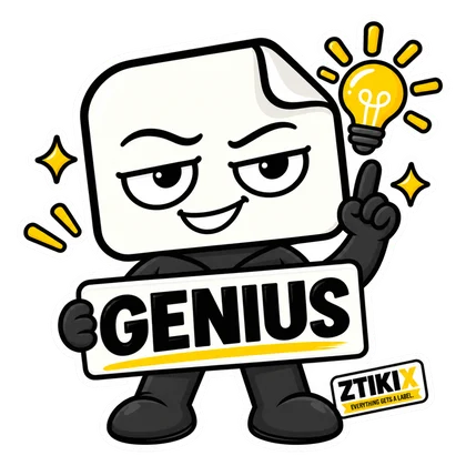 ZTIKIX hebt einen Finger neben einer leuchtenden Glühbirne und hält ein GENIUS-Schild.