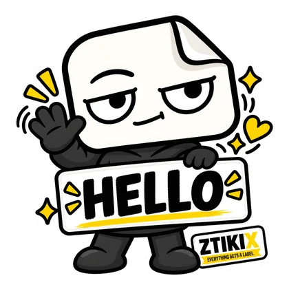 ZTIKIX winkt mit einer behandschuhten Hand über einem HELLO-Schild, umgeben von kleinen gelben Akzenten.