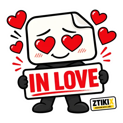 ZTIKIX lächelt mit roten herzförmigen Augen, hält IN LOVE und ist von Herzen umgeben.