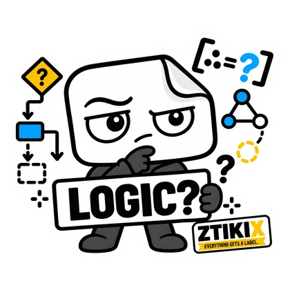 Ein nachdenklicher ZTIKIX hält LOGIC? zwischen Flussdiagramm-Formen, verbundenen Punkten und Fragezeichen.