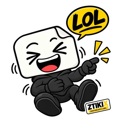 ZTIKIX sits laughing with eyes closed, pointing a finger beneath a yellow LOL speech bubble.