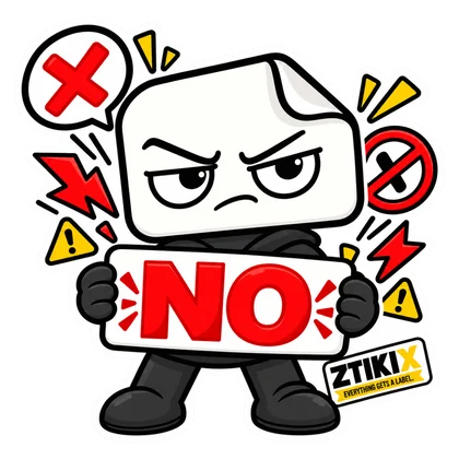 ZTIKIX runzelt hinter einem roten NO-Schild die Stirn, umgeben von roten Kreuzen, Verbotszeichen und Blitzformen.