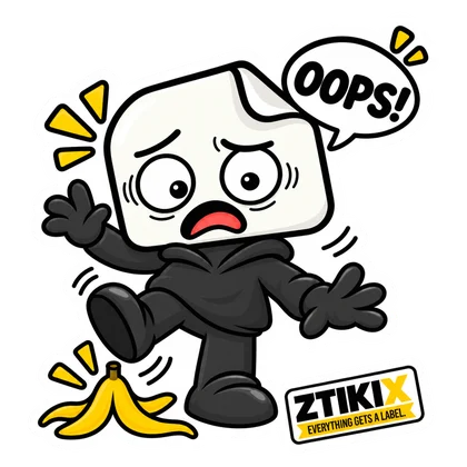 ZTIKIX loses balance beside a banana peel, looking alarmed under an OOPS! speech bubble.