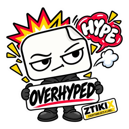ZTIKIX schaut hinter OVERHYPED unbeeindruckt hervor, mit Explosion und roter HYPE-Sprechblase.