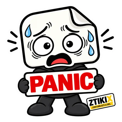 ZTIKIX hält PANIC in Rot mit weit geöffneten Augen, offenem Mund und großen blauen Schweißtropfen.