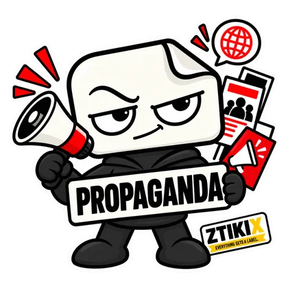 ZTIKIX holds a megaphone and PROPAGANDA, with a globe and red-and-black media symbols behind.