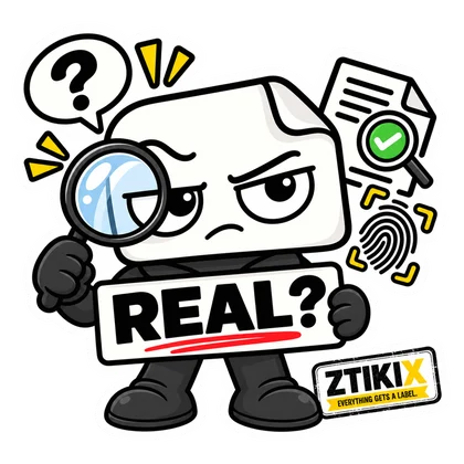 ZTIKIX untersucht mit einer Lupe über REAL?, daneben Fingerabdruck, Dokumente und grünes Häkchen.