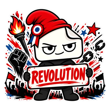 ZTIKIX wears a red cap and holds REVOLUTION amid blue, white and red accents, a raised fist, flames and a crowd.