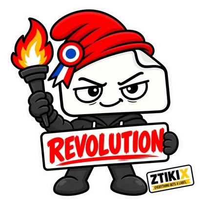 ZTIKIX wears a red cap with a tricolor rosette, holds a torch and displays a REVOLUTION sign.