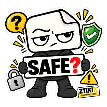 ZTIKIX hält SAFE? neben Vorhängeschloss, grünem Schild, Fragezeichen und Warndreiecken.