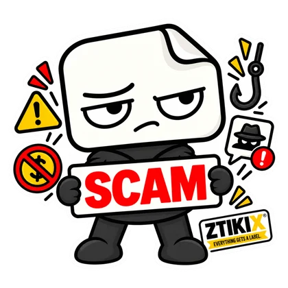 ZTIKIX holds a red SCAM sign surrounded by a hook, warning marks and a masked figure on a small card.