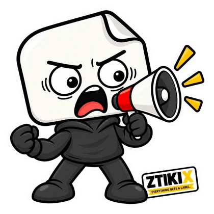 ZTIKIX shouts through a red-and-white megaphone, with one fist clenched and brows lowered.