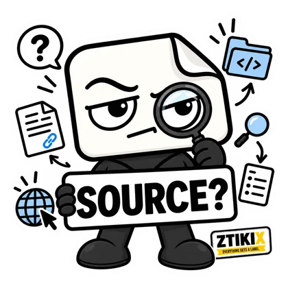 ZTIKIX looks through a magnifying glass while holding SOURCE?, surrounded by documents, a globe and a code folder.