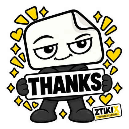 ZTIKIX lächelt sanft und hält THANKS, umgeben von gelben Herzen und Funkeln.