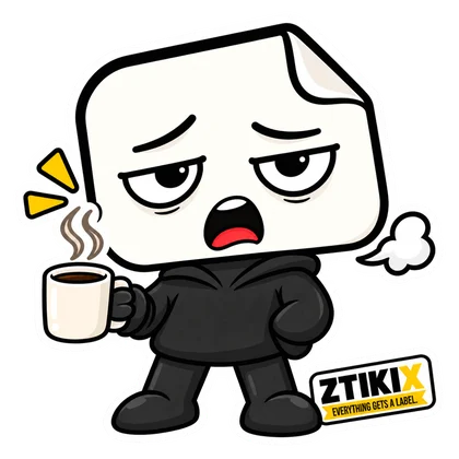ZTIKIX holds a steaming mug, with drooping eyes, an open mouth and a small puff of breath.