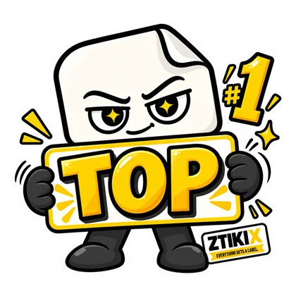 ZTIKIX hält ein großes gelbes TOP-Schild, mit sternförmigen Pupillen und einem gelben #1-Symbol daneben.