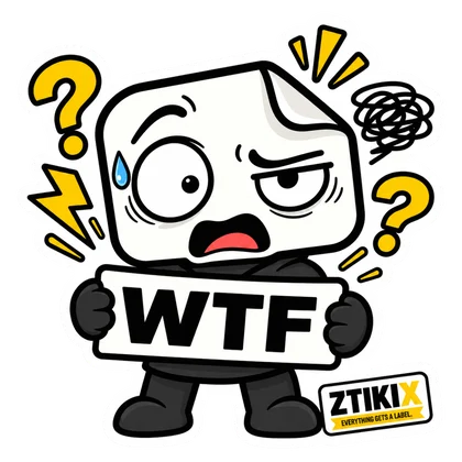 ZTIKIX hält WTF mit ungleichen Augen, Schweißtropfen, Fragezeichen und dunkler Kritzelei über dem Kopf.